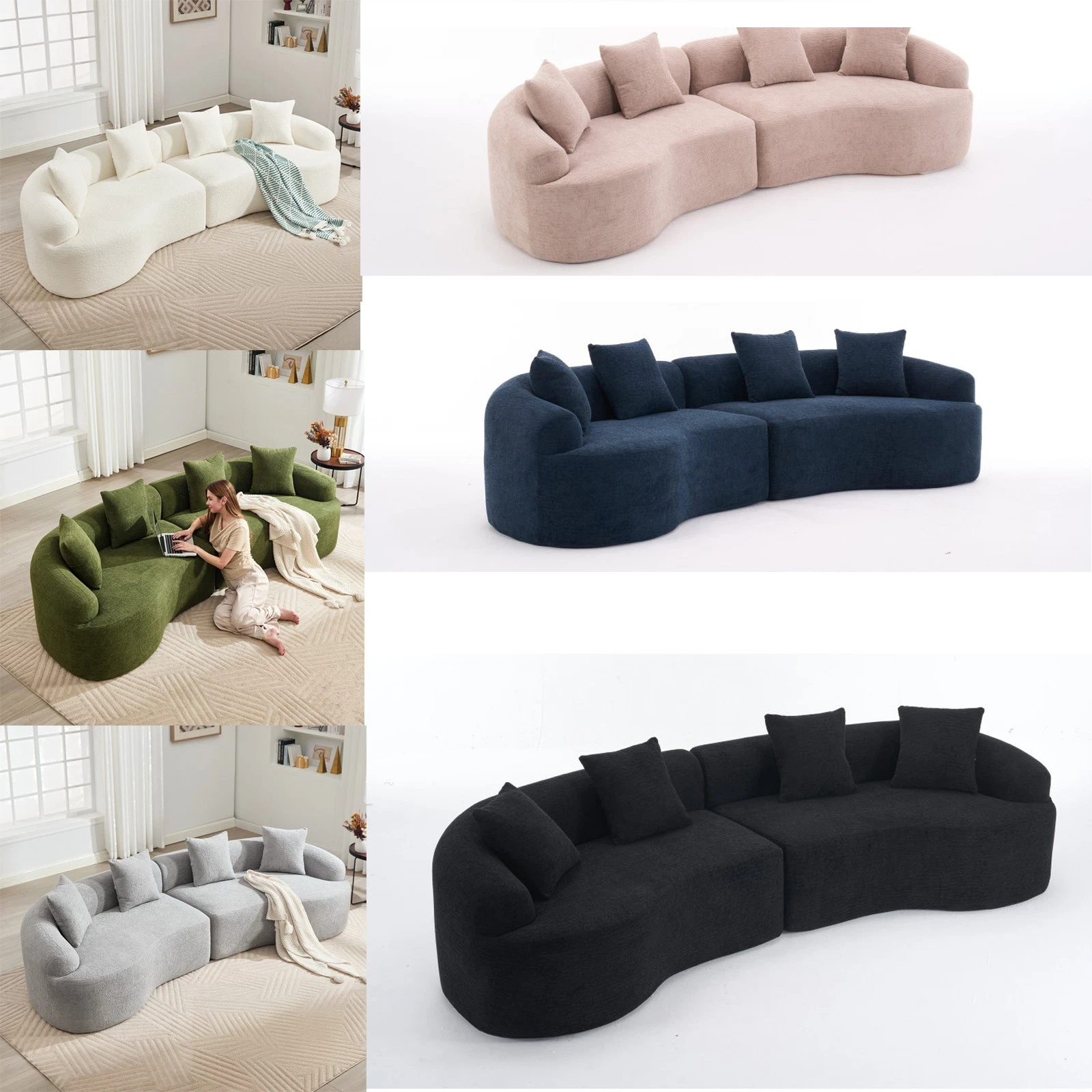 110" Wood Grain Chenille Curved Modular Sectional Compression Sponge Sofa Couch