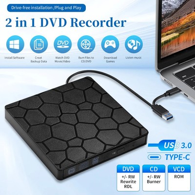 External DVD RW Drive USB 3.0 & Type C Slim CD Writer Burner - 2 in 1
