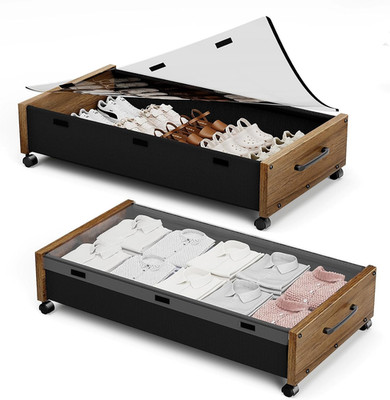 Wooden Under-Bed Storage Bins w/ Wheels & Removable Lid   2-Pack Walnut Brown