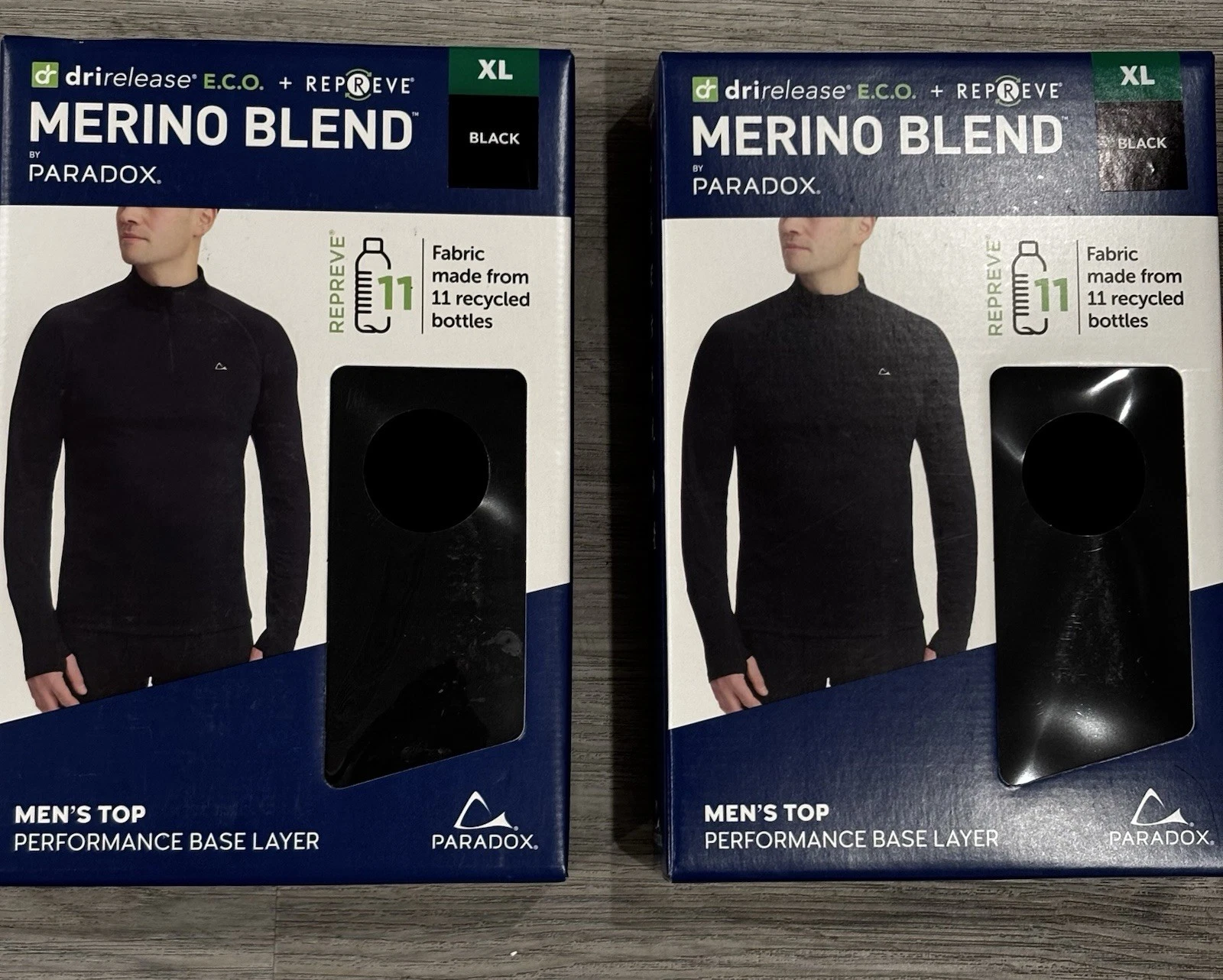 2 Packs Paradox Men's 1/4 Zip Merino Blend Performance Base Layer Top, Black, XL