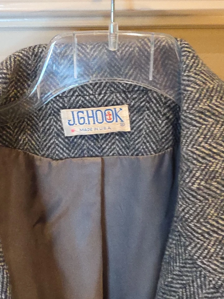 Antigo J.G. Casaco feminino Hook Herringbone tweed longo Dbl peito azul 100% lã 2X - Imagem 3 de 4