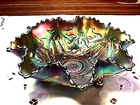 "WISHBONE" 8" 3 SCROLL FOOTED 8 RUFFLE BOWL AMETHYST  CARNIVAL BY: NORTHWOOD