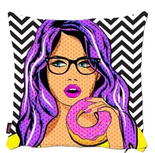 Donut Lover Pop Art Girl Pillow Cover, Modern Decorative Cushion, Bedroom Decor
