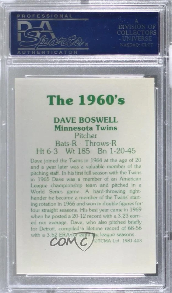 1981 TCMA The 1960's Dave Boswell #1981-403 PSA 10 GEM MT - Image 2 of 2