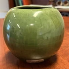 Vtg Haeger Pottery USA Vase planter Round Green 3.75" H Orb Ball MCM FOIL LABEL