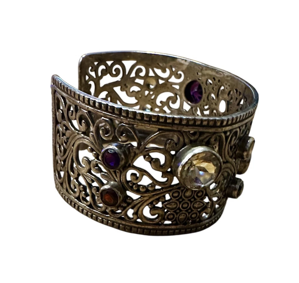 Samuel 11 Gemstone Filigree Sterling Silver Cuff Bracelet 6.5” - Image 2 of 4