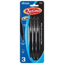 BAZIC Optima Black Retractable Oil-Gel Pen w/ Grip 3/Pack