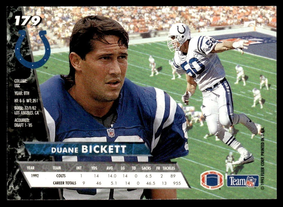 1993 Ultra Duane Bickett Indianapolis Colts #179 - Image 2 of 2
