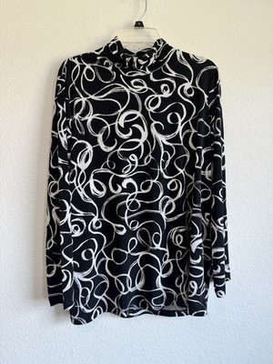 Susan Graver Women's Black White Liquid Knit  Mock Neck Blouse Long Sleeve XL