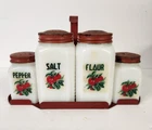 Vtg McKee Tipp City Milk Glass Vegetable Shaker & Rack Salt Pepper Flour *Read*