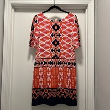 Eliza J Print Orange Navy Multi Print Sheath Shift Dress  6P Exposed Back Zipper