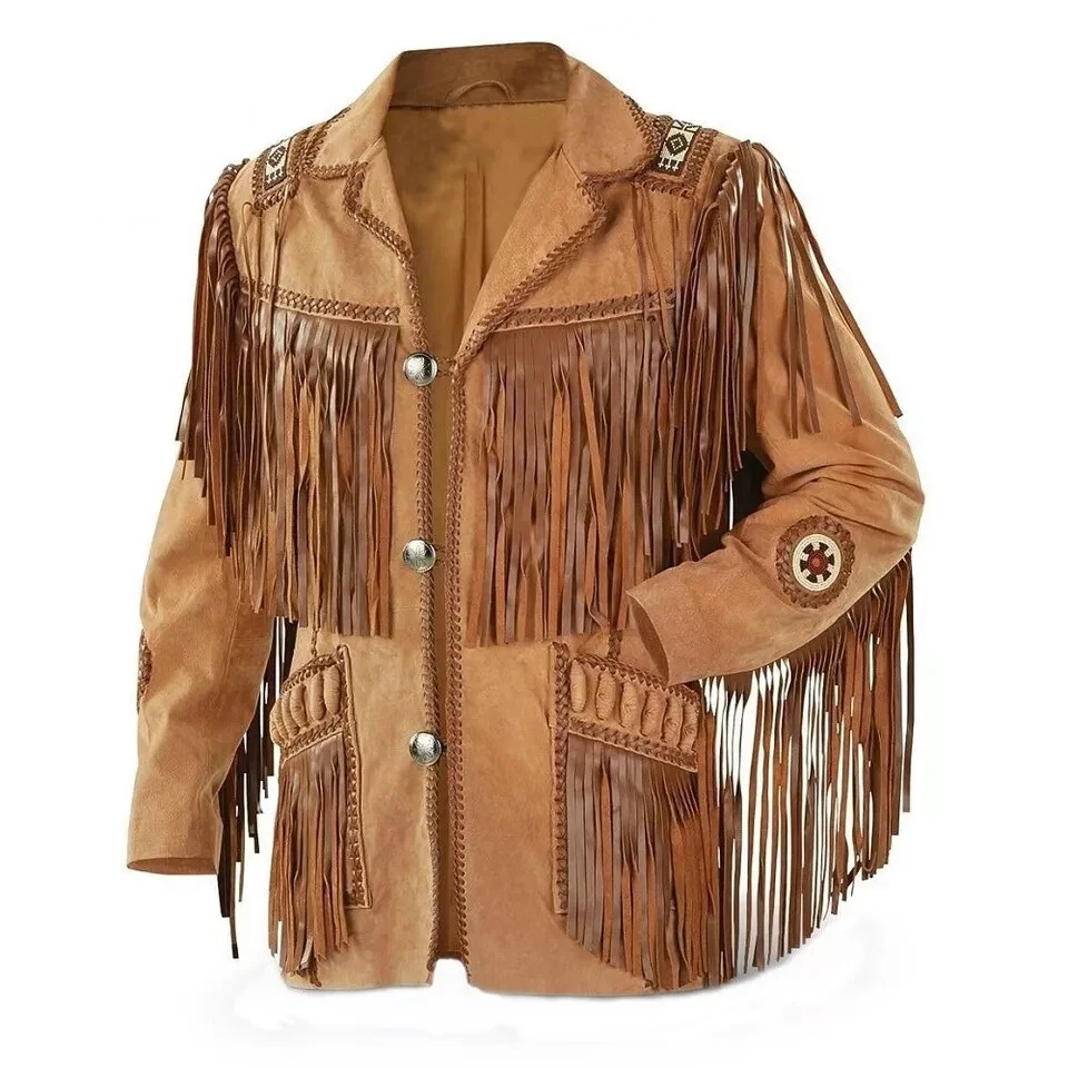 Men Western Cowboy Suede Leather Jacket Native American Fringe Jacket Beaded