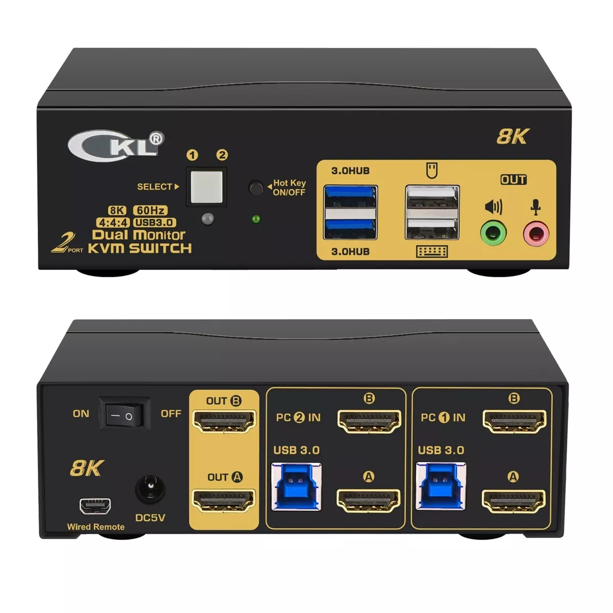 2 Port USB 3.0 KVM Switch Single Monitor HDMI 2.1 8K@60Hz 4K@144Hz for