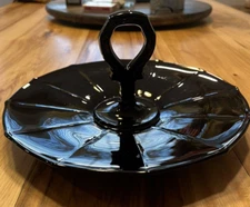 Vintage Depression Glass Black Ebony Center Handle Tidbit Dish Serving  10.75”
