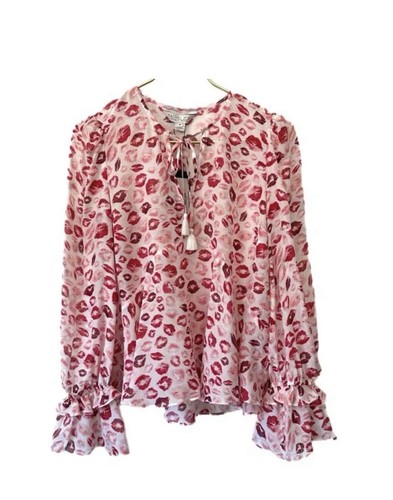 Rachel Zoe Bria Lips Print Silk Ruffled Blouse Top Size S RRP $365 - Picture 3 of 15