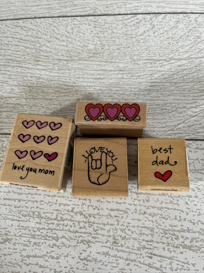 Lote de 9 estampillas de goma de madera para hacer tarjetas del día de San Valentín celebrar el amor del corazón paquete Foto 2 de 4