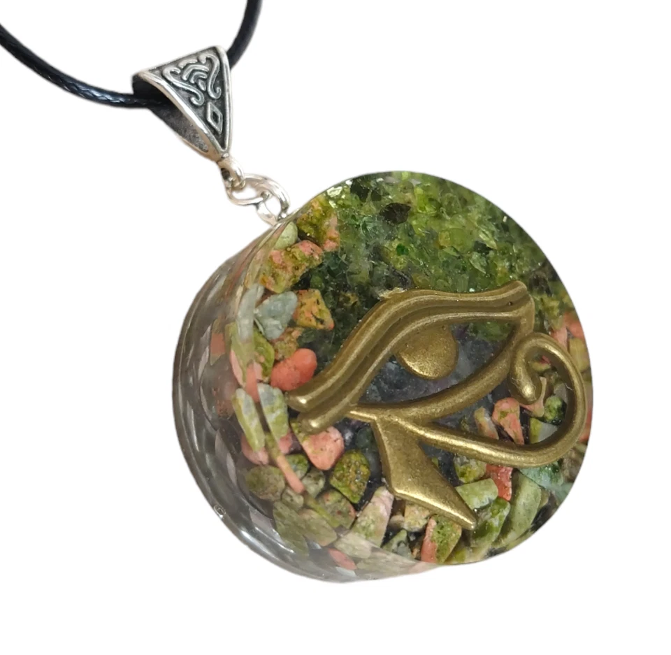 Orgonit Orgon Anhänger Auge des Horus Olivina Unakite Fluorit Halskette Unisex - Bild 3 von 4