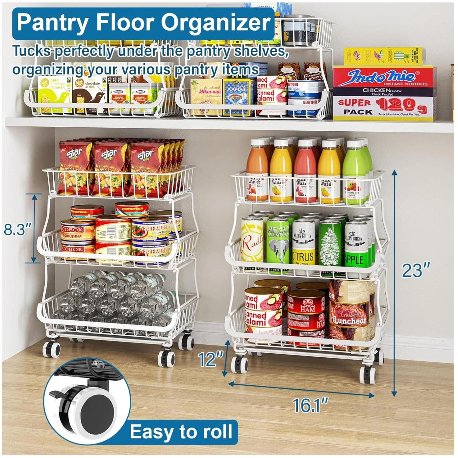 Rolling Pantry Floor Organizer for Snacks and Produce