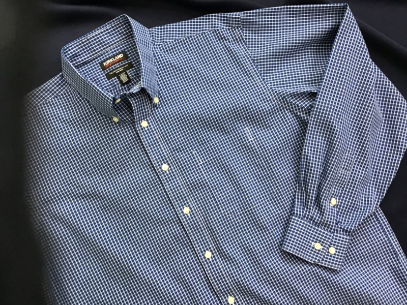KIRKLAND men XL COTTON button up 17 X 34/35 LONG SLEEVE SHIRT blue plaid NO IRON