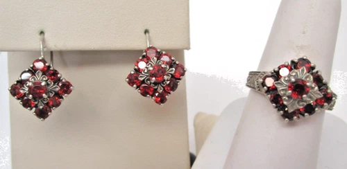Vintage Sterling Silver Real Red Garnet Dangle Earrings and Size 7 Ring Set