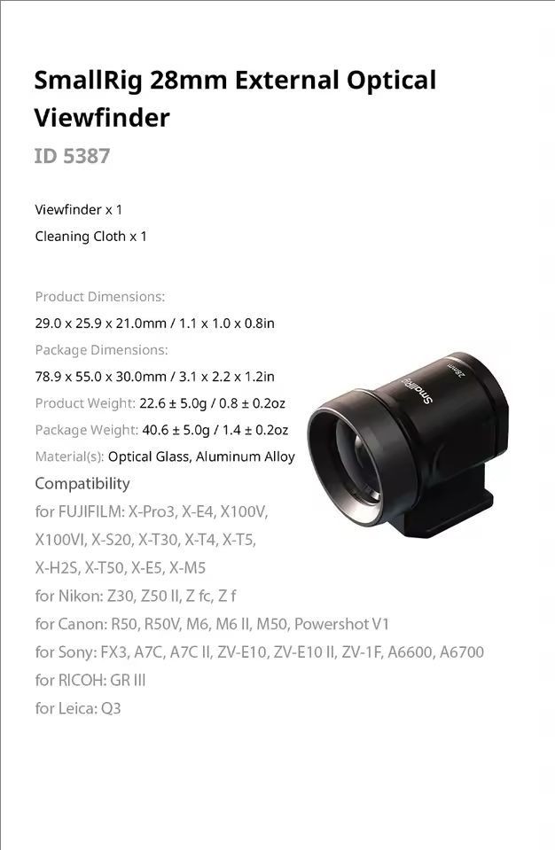 SmallRig 28mm External Optical Camera Viewfinder for Sony