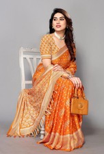NEW Women's Saree  Orange  Printed Indian Pakistani Designer Sari
