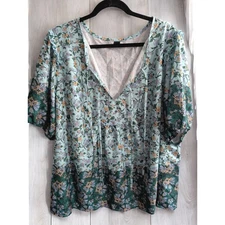 Plus Size Top 3XL Green Gold Floral Print V Double Tie Neck Tunic Shirt Blouse