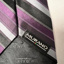 Murano Mens Classic Silk Tie Purple Black Silver Diagonal Stripe Made in USA