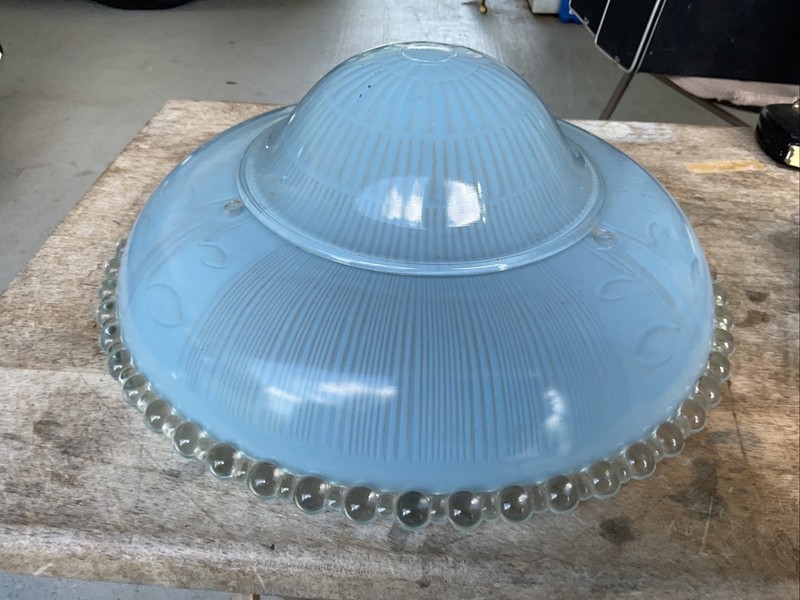 1940's UFO VINTAGE BLUE GLASS FLUSH MOUNT CEILING LIGHT FIXTURE COVER shade