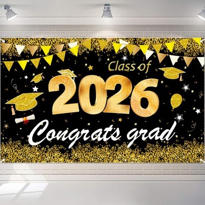 Class of 2026 Graduation Banner  Black and Gold Congrats Grad Backdrop for 20...