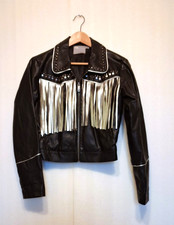 ASOS Black Faux Leather cropped Jacket with silver fringing size 10