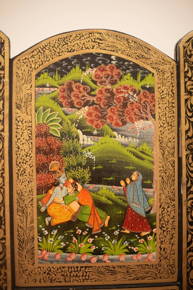 Pantalla plegable de madera india de 4 paneles divisor de habitación Señor Krishna y gopias de colección Foto 3 de 4