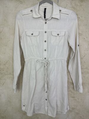 Chevingnon Shirt Dress Women s XS Cream Long Sleeve Button Front Tie Waist