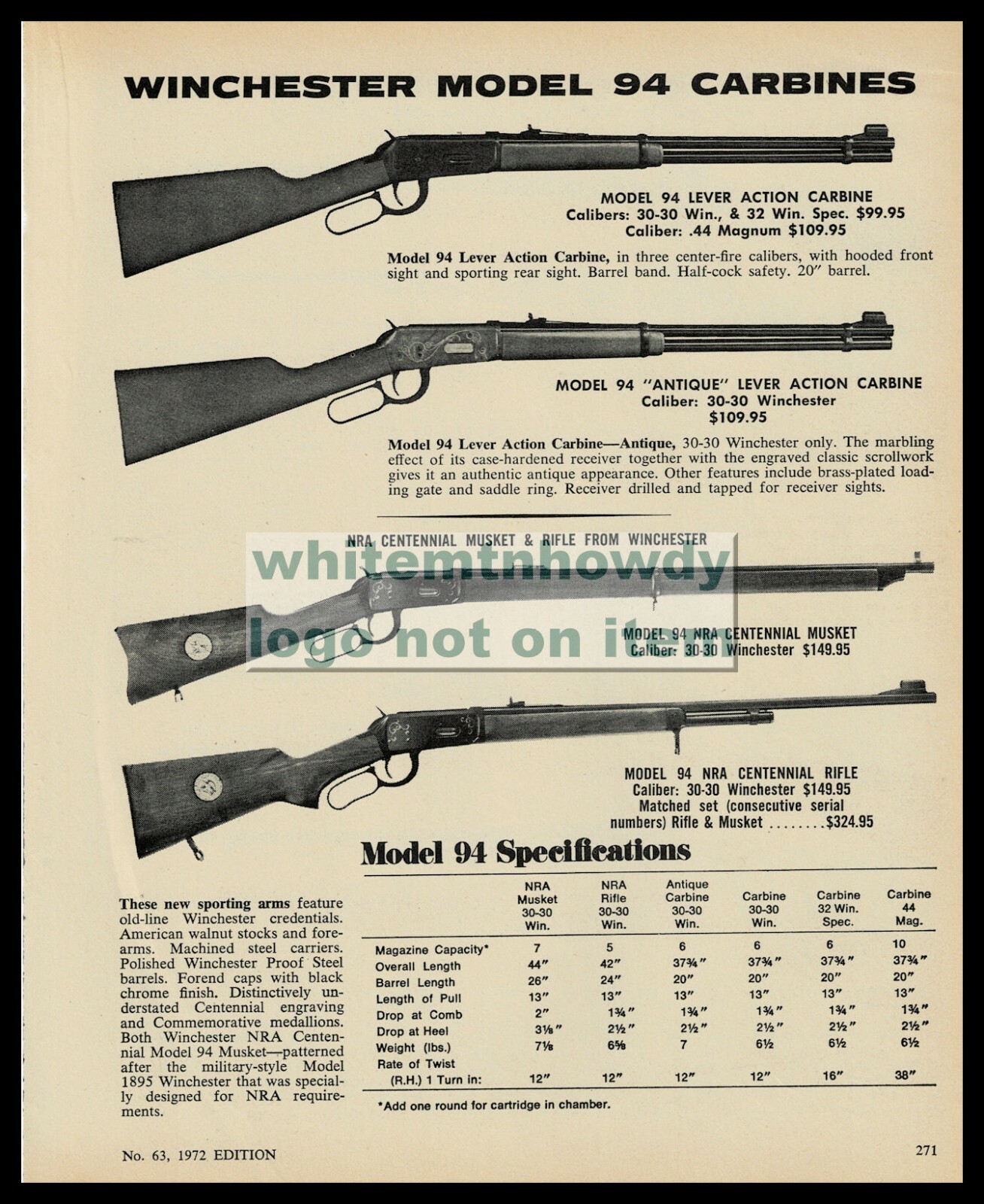 1972 WINCHESTER 94 Carbine NRA Centennial Commemorative Musket and Rifle AD