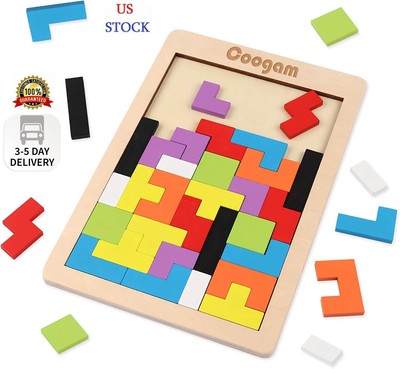 Coogam Wooden Blocks Puzzle Brain Teasers Toy Tangram Jigsaw Intelligence Colorf