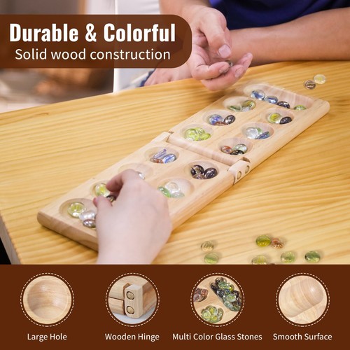 WYZworks Mancala Board Game Wood 48 Glass Stones Family Fun Game Travel Size - Picture 3 of 16