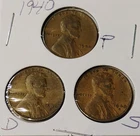 1940 P D S Lincoln Wheat Pennies, Cents, Fine Condition