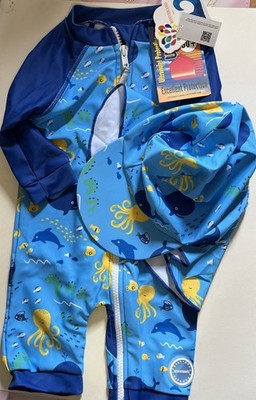 Bonverano Baby/Toddler One Piece Zipper Boy Swimsuit  Swimwear & Sun Hat UPF 50