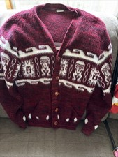 Vintage Aztec Tribal Hand Woven Wool Blend Cardigan Sweater Red Ecuador Navajo