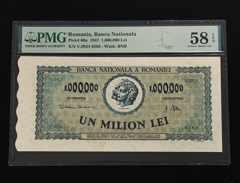 1947 Romania Banca Nationala 1,000,000 Lei Pick#60a PMG 58 EPQ Choice About UNC