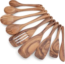9 PCS Kitchen Utensils Set - Wooden Spoons for Cooking, Natural Teak Wooden U...