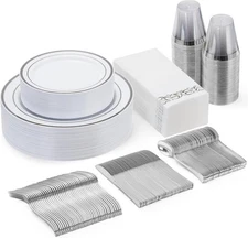 Silver Disposable Dinnerware Set 175 pcs for 25 Guests, Plates & Cutlery