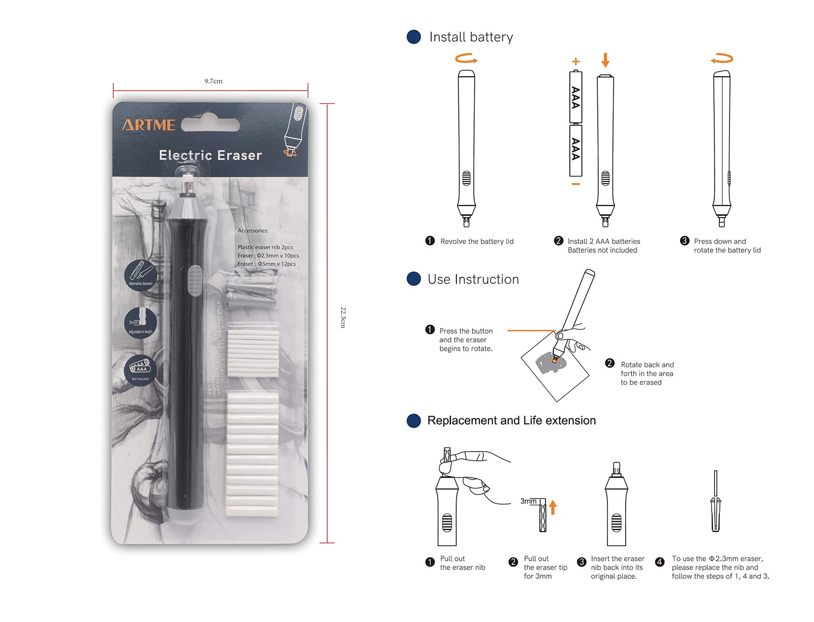 ARTME Electric Eraser/Automatic Rubber - 22pcs Refills Included (0.1 inch and...