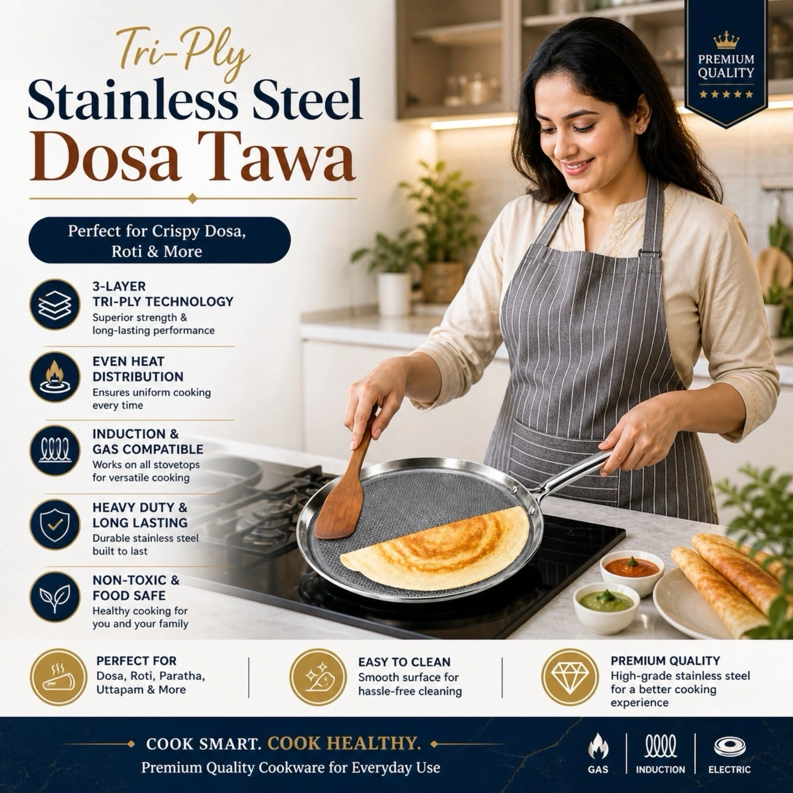 Triply Crepe Pan Dosa Tawa Nonstick S/Steel Honeycomb Coating Induction 28CM