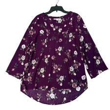 Fun2Fun Plum Floral Maley Pleated V-Neck 3/4 Sleeve Blouse Top S Career Comfort