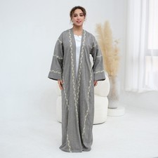 Women Muslim Open Cardigan Kimono Abaya Embroidery Dubai Evening Kaftan Gown
