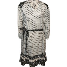 KNOX ROSE Off White Black Dot Ruffle Hem Olive Green V Neck 3/4 Sleeve NEW