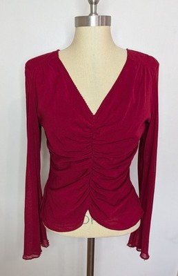 VTG Y2K Women Size M ICE Top 3/4 Sleeve Red Semi Sheer Fairy Whimsigoth Ruched