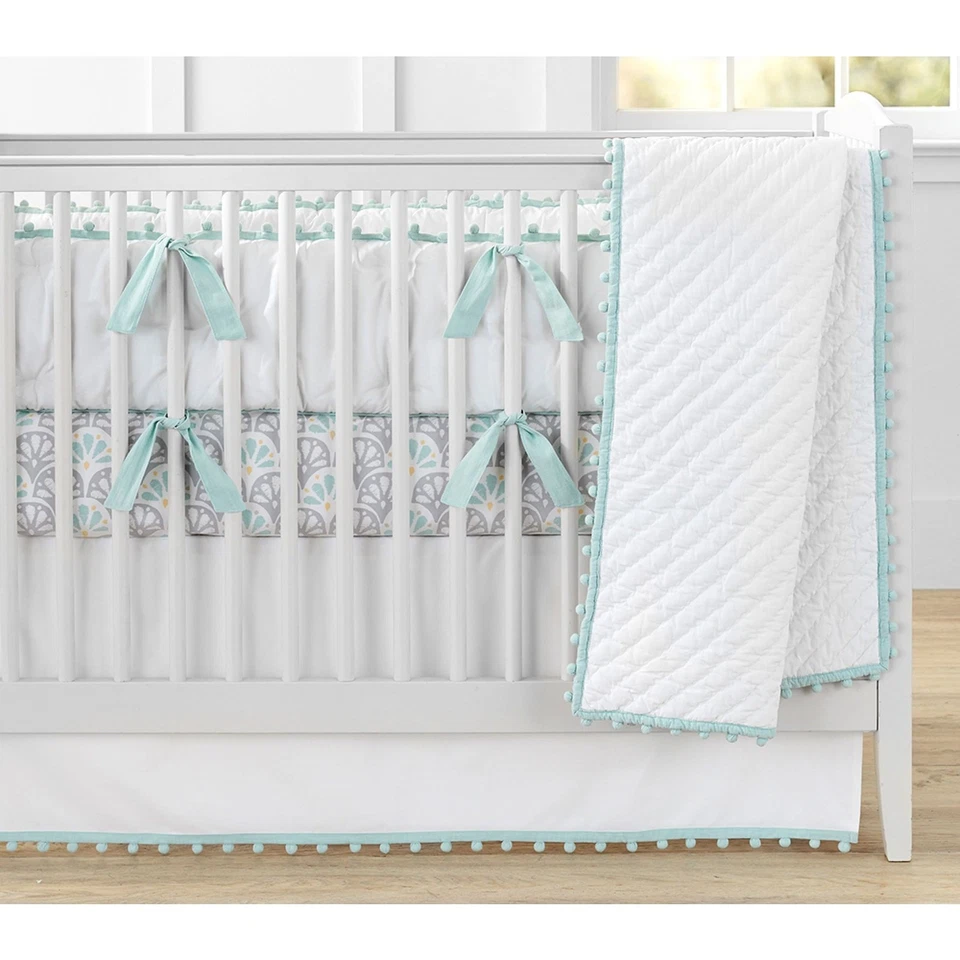 Pottery Barn Baby Organic Pom Pom Quilted Crib Bedding Quilt Sham Skirt NEW - Image 2 of 4