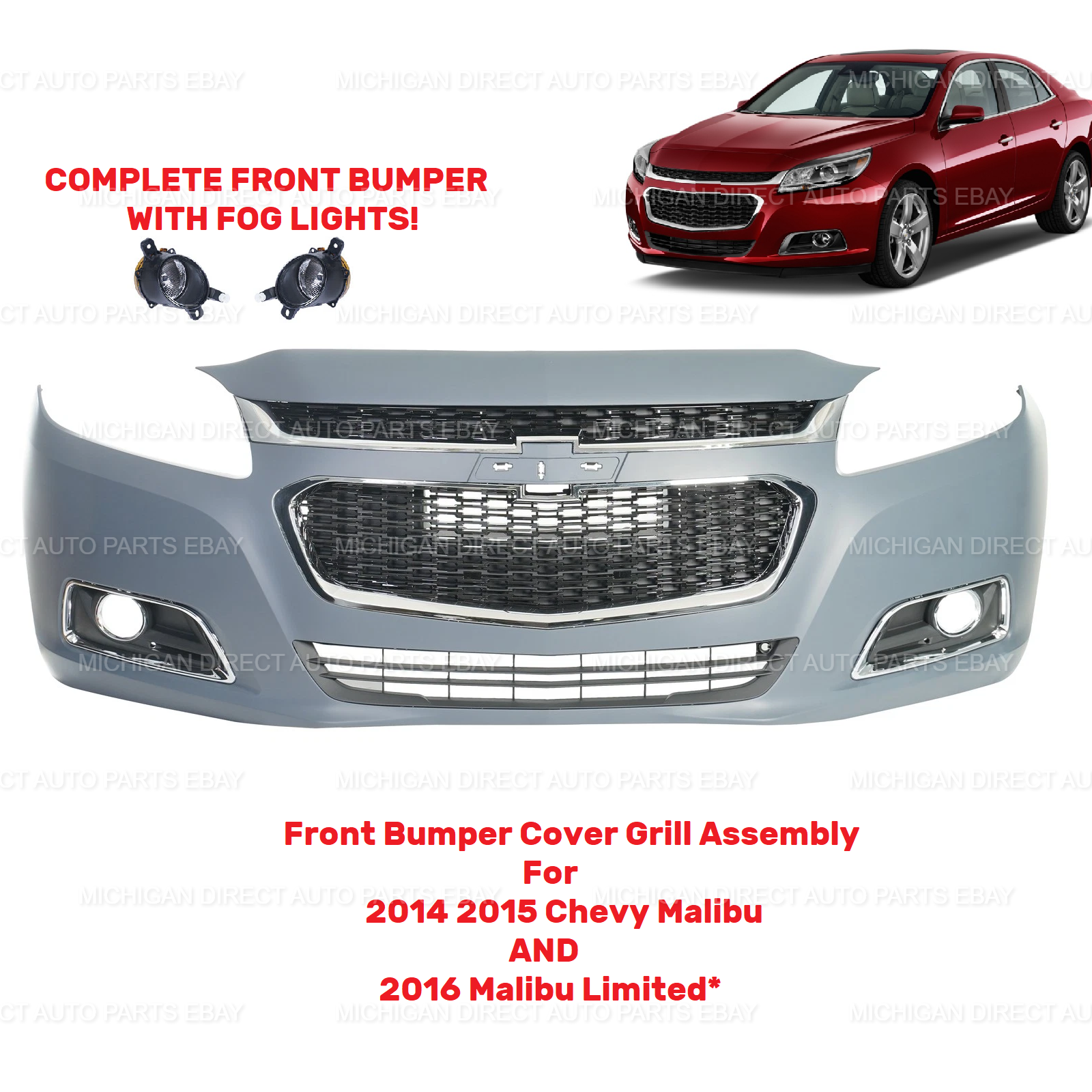 Front Bumper Cover Grille Assembly Kit For 2014-2015 Chevy Malibu/2016